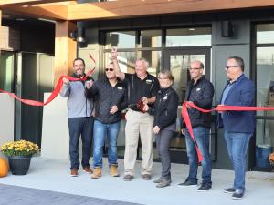 Jason Bodnarchuk, Chris Ewen, Mitch Duval, Janine Boulanger, Joel Lemoine, and Shane Pelletier at the ribbon-cutting ceremony.