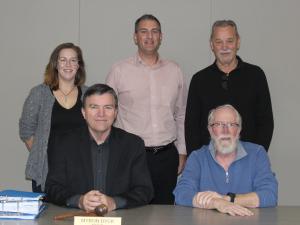 Niverville's town council. Back: Meghan Beasant, Nathan Dueck, and Bill Fast. Front: Myron Dyck and Chris Wiebe.