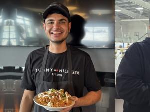 Harkirat Khattra with Smitty's new Maharajah Poutine, and Amanda and Josh Darlington showcasing The Hawk from Duke's Burger Company.