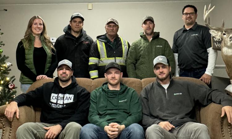 Back row: Lehanne Parker, Corey Blad, Abe Rempel, Jeromy Rempel, and Luc Vermette. Front row: Justin Brezden, Zach Enns, and Austin Douglas.