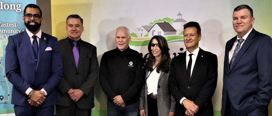Obby Khan (Minister of Sport, Culture, and Heritage), Doyle Piwniuk (Minister of Transportation and Infrastructure), Michael Hamilton-Wright (Co-CEO, Volume Global), Juliette Hagopian (President, Julijette), Ron Schuler (MLA for Springfield-Ritchot), and Myron Dyck (Mayor of Niverville).