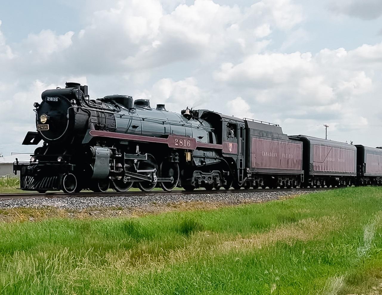 The Empress 2816, a 4-6-4 Hudson-type steam locomotive built in 1930, on its way through southern Manitoba.
