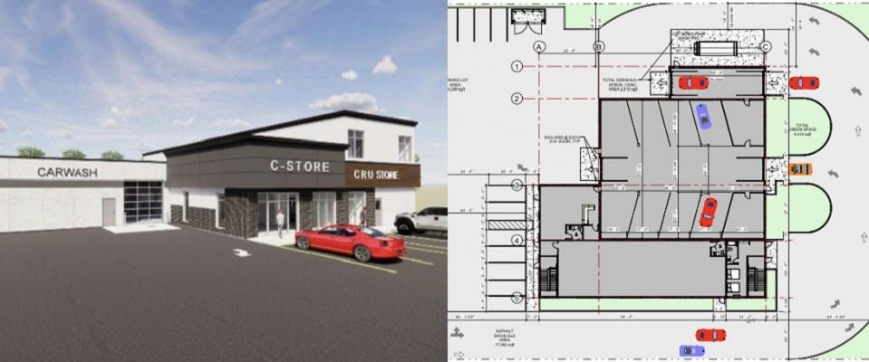 Conceptual drawing and site plan for new the Blue Buffalo Wash Factory.