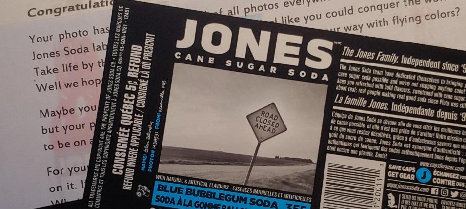 The Jones Soda label which showcases a picture taken by Greg Zelinski.