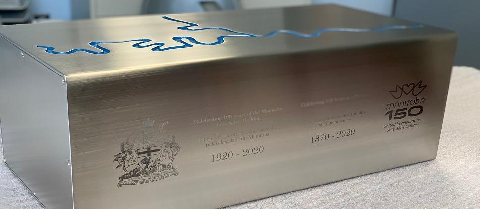 The stainless steel Manitoba 150 time capsule.