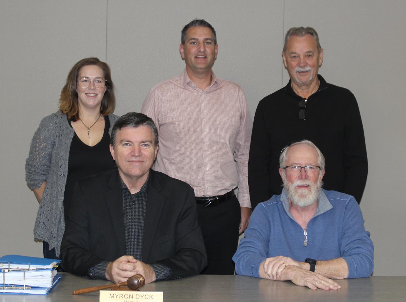 Niverville's town council. Back: Meghan Beasant, Nathan Dueck, and Bill Fast. Front: Myron Dyck and Chris Wiebe.