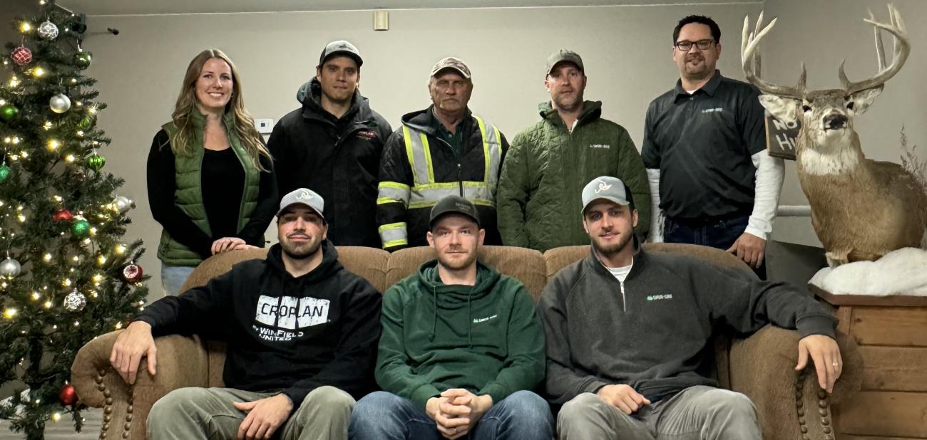 Back row: Lehanne Parker, Corey Blad, Abe Rempel, Jeromy Rempel, and Luc Vermette. Front row: Justin Brezden, Zach Enns, and Austin Douglas.