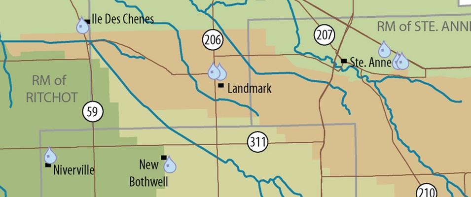 Map of the Seine River watershed in southern Manitoba.