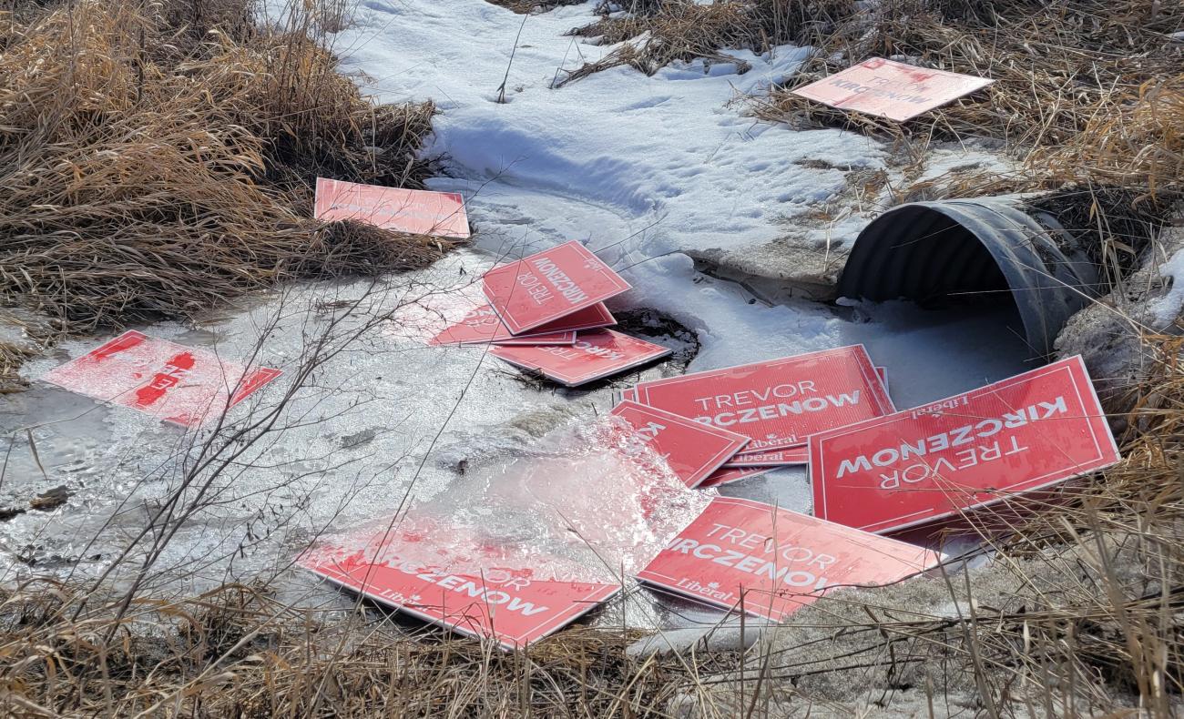 Discarded Liberal campaign signs in Provencher found in a ditch.