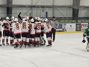 The Nighthawks celebrate their shootout victory against the Portage Terriers.