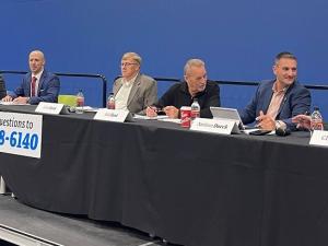 Candidates for town council: Meghan Beasant, Kevin Stott, Jason Alderson, John Funk, Bill Fast, Nathan Dueck, and Chris Wiebe.