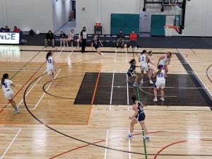 The women’s basketball team in action against Turtle Mountain Community College at the CRRC in Niverville.
