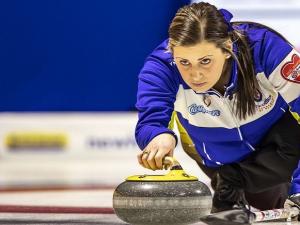 Kate Cameron throws a stone at the 2021 Scotties Tournament of Hearts in Calgary.