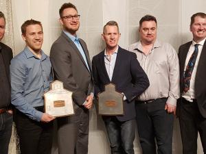 Mayor Myron Dyck, Ryan Hamm and Trevor Lux of BSI Insurance, Doug Dyck of Heritage Lane Builders, Chamber President John Magri, and MLA Shannon Martin.