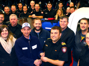 Shaun Macsymic of TransCanada hands over the keys for the new vehicle to Fire Chief Keith Bueckert and the rest of Niverville’s Emergency Services personnel.