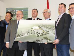 Provencher MP Ted Falk, MLA Ron Schuler, Minister of Education Kelvin Goertzen, Niverville Mayor Myron Dyck, Minister of International Trade Diversification Jim Carr, Morris MLA Shannon Martin, and Minister of Municipal Relations Jeff Wharton.