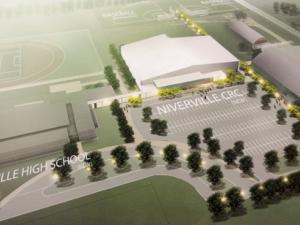 Rendering of the full community campus, including the new high school, the Community Resource Centre, and the current arena.