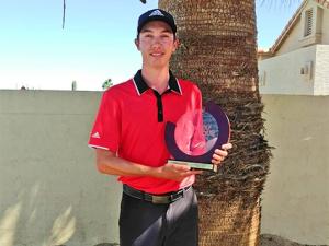 Colwyn Abgrall displays his trophy from the Golf Channel AM Tour event at Ak-Chin Southern Dunes in Arizona.