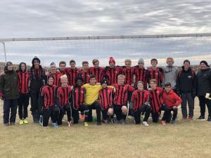 Martin Ward (coach), Ethan Tomlinson, Thomas Reimer, Ethan Christ, Marcus Harder, Matthew Dumaine, Adriano Cintrao, Dylan Peters, Andrew Nickel, Joel Dueck, Koleton Peters, Elijah Pastoor, Ryan Friesen, Dwayne Penner (coach), and Conrad Dueck (coach). Bottom: Nathan Rempel, Kress Schmidt, Dawite Krahn, Colin Kehler, Brendan Thompson, Josh Limpright, Stephen Dueck, Connor Davis, and Lance Olsen. Missing: Tyson Funk.