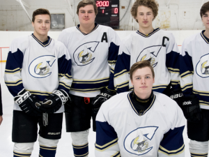 Niverville players participate in Midget All-Star Game: Danielle Hiebert (coach), Logan Unger, Chaseton Long, Bailey Hiebert, Zach Anderson, and goalie Damien Glenham.