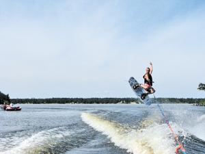 Jeremy Gadient, Chantel's brother, showboating on a wakeboard