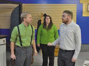 Kyle Barrett Friesen, Meg Pfeifer-Brandt, and Michael Dueck in rehearsals