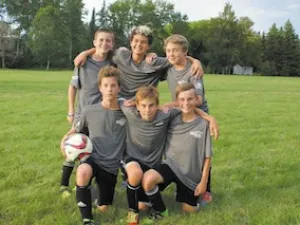 Back row (l-r): Elijah Pastoor (Goalie), Logan Kraus, and Connor Davis. Front row (l-r): Ethan Fehr, Deklan Wiebe, and Brendan Thompson