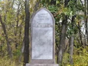 Carin marking the site of the initial Mennonite Landing at the confluence of the Red and Rat Rivers
