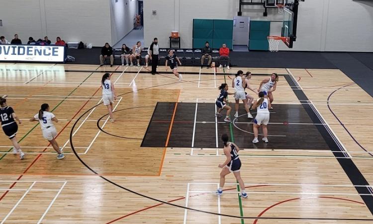 The women’s basketball team in action against Turtle Mountain Community College at the CRRC in Niverville.