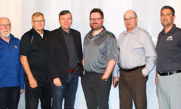 Niverville's town council: Councillor Chris Wiebe, Deputy Mayor John Funk, Mayor Myron Dyck, CAO Eric King, and Councillors Kevin Stott and Nathan Dueck.