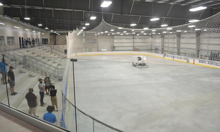 The arena and bleachers, as seen from the accessible viewing deck on the second floor.