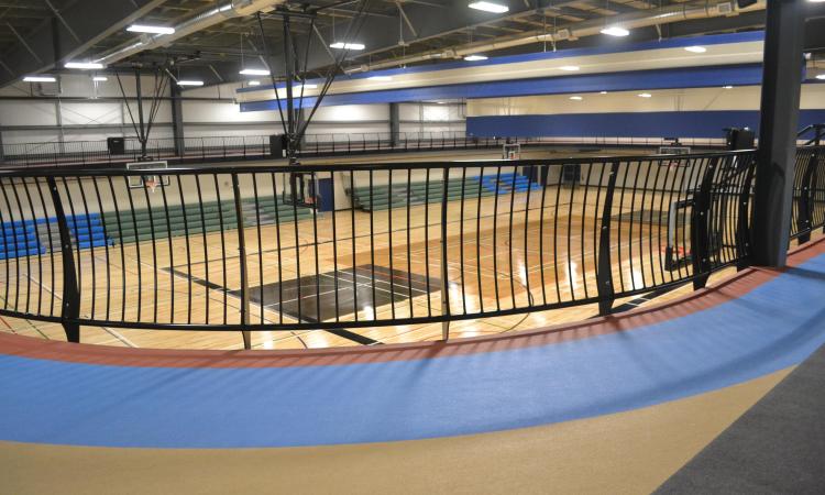 The running track encircles the fieldhouse on the second level.
