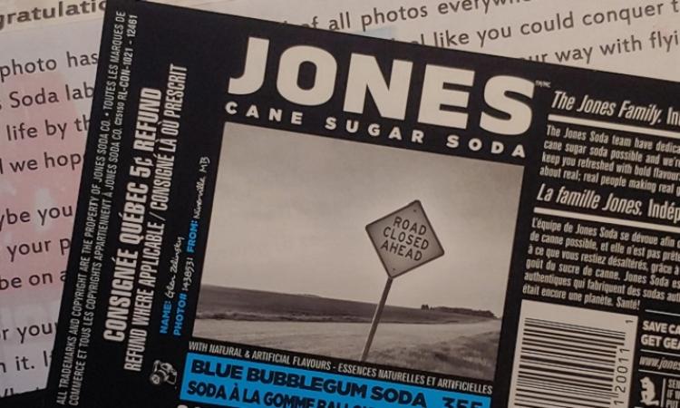The Jones Soda label which showcases a picture taken by Greg Zelinski.
