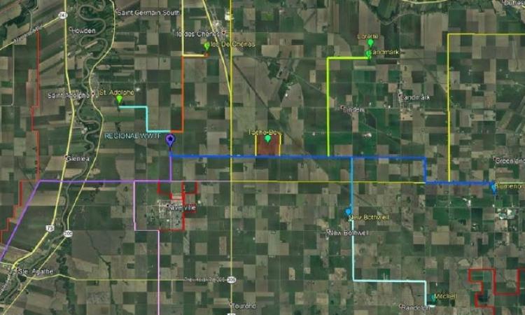 A map showing the proposed treatment plant north of Niverville and its connections to the surrounding communities.