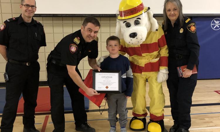 Peter Bowyer, Keith Bueckert, Colin Johnston, Sparky the Fire Dog, and Tammie McConnell