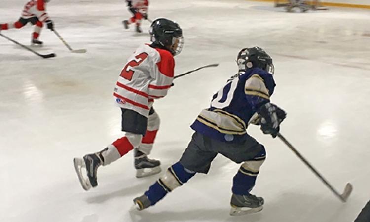 Players fight for the puck at the Niverville Arena
