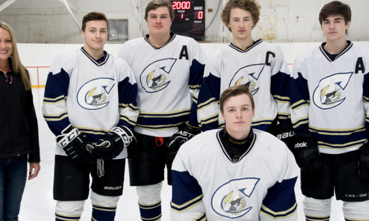 Niverville players participate in Midget All-Star Game: Danielle Hiebert (coach), Logan Unger, Chaseton Long, Bailey Hiebert, Zach Anderson, and goalie Damien Glenham.