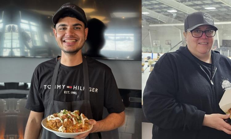Harkirat Khattra with Smitty's new Maharajah Poutine, and Amanda and Josh Darlington showcasing The Hawk from Duke's Burger Company.