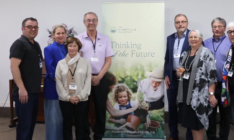 Incoming and outgoing directors: Keith Bueckert, Rachel Niessen, Libby Hanna, Paul Dufour, Ken Rempel, Annette Fast, Andrew Neufeld, and Ludolf Grollé.