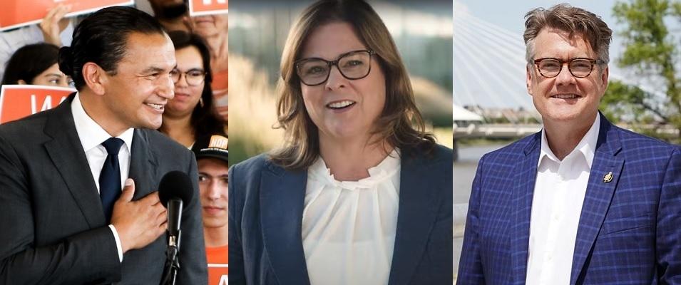 The leaders of Manitoba's three major political parties: Wab Kinew (NDP), Heather Stefanson (PC), and Dougald Lamont (MLP).