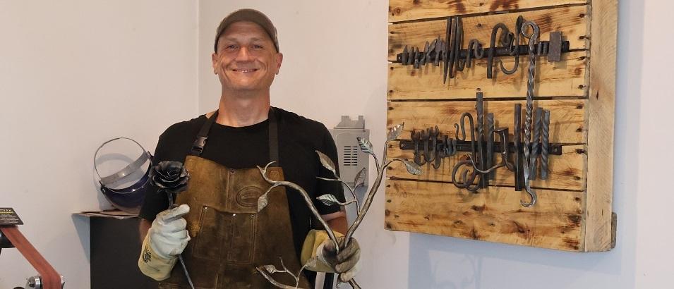 Cameron Bennett in his workshop in St. Adolphe.