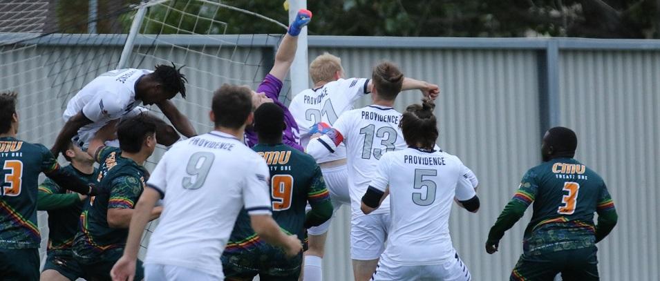 The Pilots are crashing the goal off a corner kick.