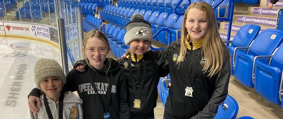 Local speed skaters Kalia Tétrault, MacKenna Reimer, Mia Tétrault, and Willa Dowse.