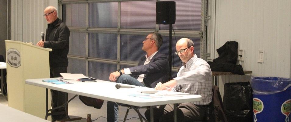 Ste. Agathe candidates Curtis Claydon and Joel Lemoine take questions at the public forum.