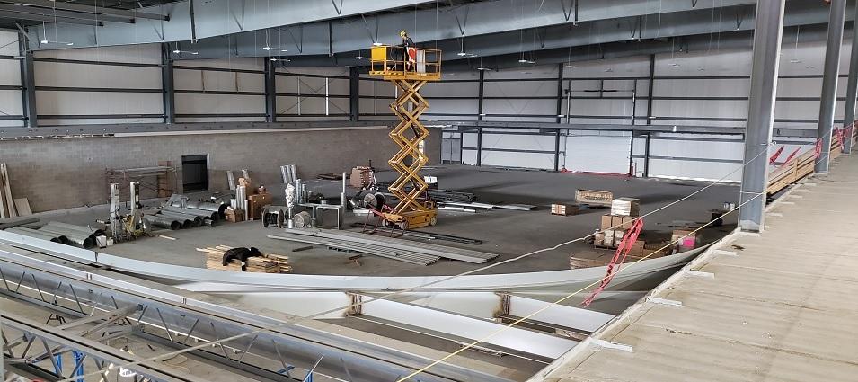 Construction continues in the fieldhouse side of the building, with space for a running track on the second level.