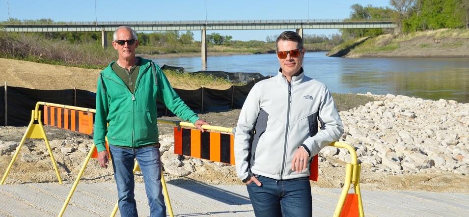 Ste. Agathe Community Development Inc. directors Joel Gagnon (front) and Shaun Crew (back) at the site of the Ste. Agathe dock and boat launch project.