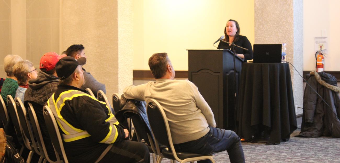 Guest speaker Jehna Grobety talks cannabis at a community meeting.