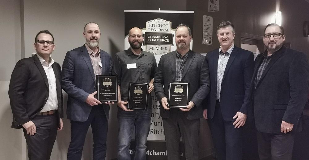 Ritchot Mayor Chris Ewan, Peter McDougall of Titan Environmental Containment, Ben Plett of Cobblestone Homes, Marty Ritchot of Maxx Pro Builders, Chamber President Marc Palud, and Derek Roth of Adventure Power Products.