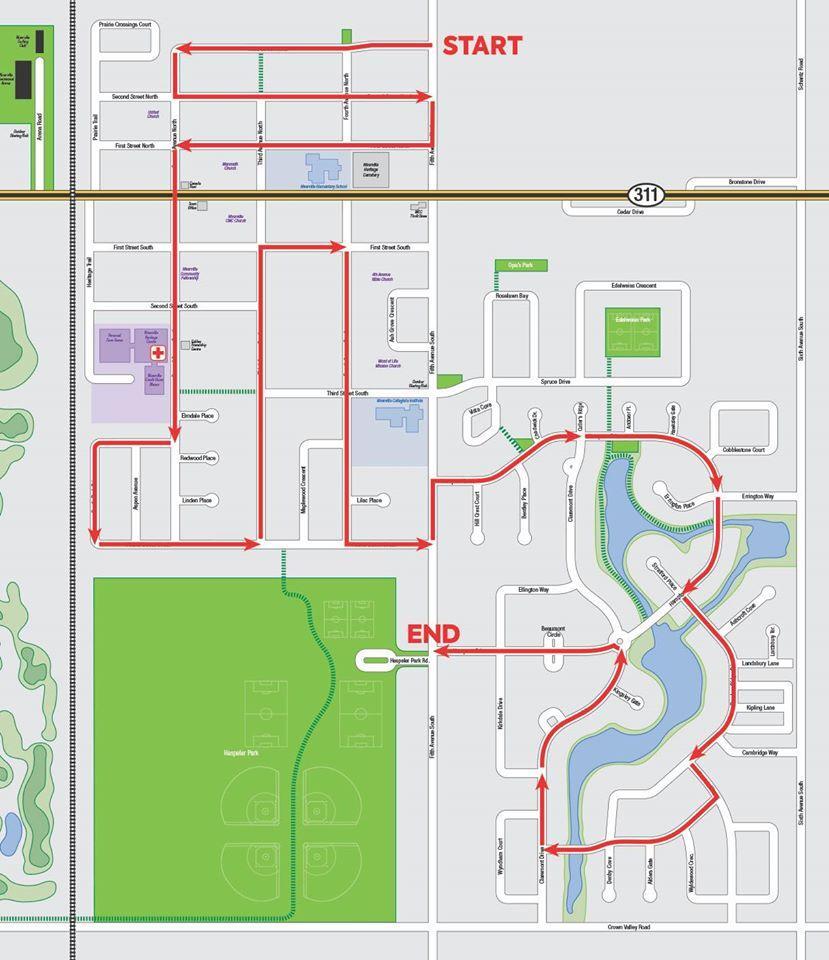 The parade route for Niverville's 2020 Canada Day celebration.