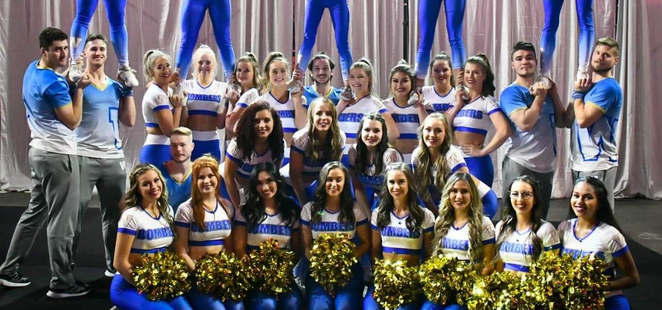 The Winnipeg Blue Bombers cheer and dance team, including Coty Loeppky (first in the second row).